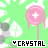 A green background with repeating white and gray geometric shapes, pink circular icons with plus signs on sticks, and text reading "CRYSTAL" in black and purple pixelated font.