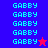 Pixelated text 'GABBY' repeated in on blue and red backgrounds with a single star icon changing color between frames