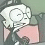 Animated cartoon character with large round glasses and white hair, seated in a chair holding various objects