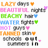 A static image of a of text-based icons with colored words and small symbols, arranged in and on a white background