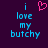 Pixelated text 'i love my butchy' in cyan on dark purple background with a pink heart symbol above 'i' on left side.
