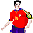 Pixelated figure in red shirt with yellow emblem, dark hair, and purple pants against gray background.