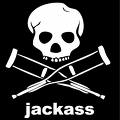 Black and white static icon featuring a stylized skull with crossed crutches below it, and the text "jackass" at the bottom.