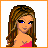 A 3x3 contact sheet of a pixel-art animated icon featuring a female character with long brown hair, blue eyes, and pink/orange clothing across nine frames showing facial expressions, pose variations, and text overlays.