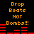 Pixelated orange text "Drop Beats NOT Bombs!!!" above red audio equalizer bars on black background, with two identical static frames showing different bar patterns.
