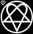 A 4x4 contact sheet of white line art symbols on black backgrounds, each symbol featuring a circle enclosing interwoven triangles and heart shapes with a small 'him' text label in the lower-left corner.