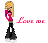 Pixelated cartoon girl with blonde hair in pink top and black pants, standing with hand near face, next to colored 'Love me' text.