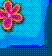 Pixelated flower icon with pink and orange petals on blue checkered background, featuring a white center dot.