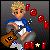 Pixelated character with blonde hair in blue and white outfit holding brown guitar, surrounded by red circular shapes on dark background.