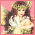 Pixelated character with brown hair and white dress, alongside animated teddy bear with raised arms on pink background.