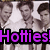 Three pixelated figures in white shirts with dark hair stand side-by-side under a bright light source, with bold purple text reading 'Hotties!' at the bottom.