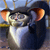 A cartoon mouse with large orange ears, dark gray fur, and a white underbelly stands in front of a blurred background with blue and brown tones.