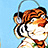 Pixelated cartoon character with orange-brown hair, black outline, and white face against light blue background.