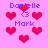 Pixelated pink background with red hearts and blue text reading Danielle, <3, Mark in multiple repeated arrangements.