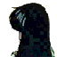 Animated sequence of a character with long black hair turning from side to front view, showing facial expressions and clothing details.