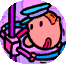 Animated sequence of a cartoon character in blue uniform with orange hair and pink mouth, performing actions against purple and cyan backgrounds.