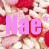 Pixelated image with pink and red text over a patterned background of repeated figures.