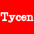 Red background with white pixelated text reading 'Tycen' in a bold, blocky font style.