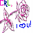 Pixelated static buddy icon with pink and blue text elements, abstract shapes, and vertical gray bars on a white background.