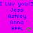 Pixelated text and names on a bright pink background with blue lettering, featuring green heart symbols.