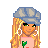 Pixel art contact sheet showing multiple frames of an animated buddy icon featuring a blonde female character with green eyes, wearing a gray cap and pink top, alongside separate views of her jeans and text elements.