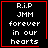 Four identical black square with red borders display white text reading 'R.i.P JMM forever in our hearts' plus one 's additional symbol