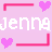 Pixel art icon with pink background, white text 'jennajenna' and 'jenna', hearts in purple, red, and white, and L-shaped lines in pink shades.