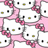 Pixelated static image of a white cat with pink accents and black eyes, surrounded by scattered black and gold squares on a white background.