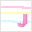 Pixelated pink 'J' character animates across white background with horizontal yellow and light blue stripes.