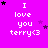 A static image with a bright pink background displays the text "I love you terry<3" in white pixelated font, surrounded by small black and purple stars.