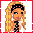 Pixel art buddy icon featuring a blonde cartoon character with blue eyes and a black headband, next to red text on a dark background within a red dotted border.