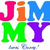 Pixelated text 'JIMMY' in bright colors with blue water-like shapes below on white background.