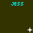 Pixelated cyan text "JESS" appears in multiple positions on a dark green background with scattered white star-like shapes.