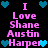 Pixelated text and heart symbols arranged in a on black background, with pink text reading "I Love Shane Austin Harper" repeated twice