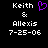 Pixelated text displays 'Keith & Alexis 7-25-06' with a purple heart symbol replacing the ampersand in one view.