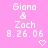 Pixelated text on pink background with heart symbol, showing names and date in white block letters.