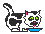 Pixelated black-and-white cat with pink ears and green eyes, standing on a blue bowl, tail raised, tongue out, in two sequential poses.