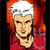 Pixelated character with white hair and red clothing against a gradient background of orange and black.