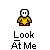 Pixelated character in yellow shirt and red shoes with white face, shown in multiple poses above text reading Look At Me on gray background.