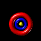 A red torus with blue and yellow inner rings rotates against a black background, showing multiple angles of its 3D structure.