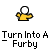 A 4x3 contact sheet of a pixel art Furby transformation animation with ten distinct frames showing progressive morphing from stick figure to full mascot form, each labeled "Turn Into A Furby" text below.