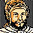 Pixelated 48x48 static icon depicting a stylized human face with orange hair and beard against a black-and-white checkered background, rendered in low-resolution dithering style.