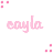 A repeating pattern of pink text 'cayla' with scattered star and dot motifs on a white background, featuring subtle animation changes in the stars.