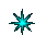 Three pixelated starburst shapes on gray background: cyan-blue center with dark teal rays, monochrome white-center with black-gray rays, and X-shaped cyan-blue burst.