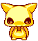 Pixel art animation of a yellow cartoon fox-like creature with large eyes and ears, shown in two sequential frames on a gray background.