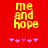 Red background with yellow pixelated text 'me and hope' above pink heart symbols, showing animation change in heart positions.