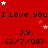 Red background with repeated black text "I Love You" and "J.Y (3/7/08)" surrounded by white and pink stars.