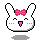 Pixel art bunny head with pink bow, closed eyes, and pink cheeks on gray background; two variations of mouth expressions.