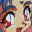 Anime-style character face with blue hair and red eyes, transitioning from wide-eyed expression to smiling pose