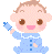 Two identical pixel art baby characters in blue pajamas holding a rocket, displayed side-by-side on a gray background.